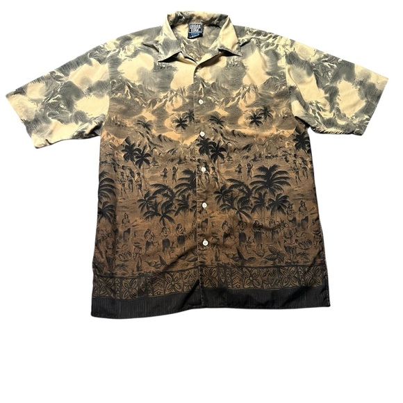 Urban Edge Hawaiian Shirt Mens M Beige Black Scenic Print Polyester Aloha Casual - Picture 1 of 6
